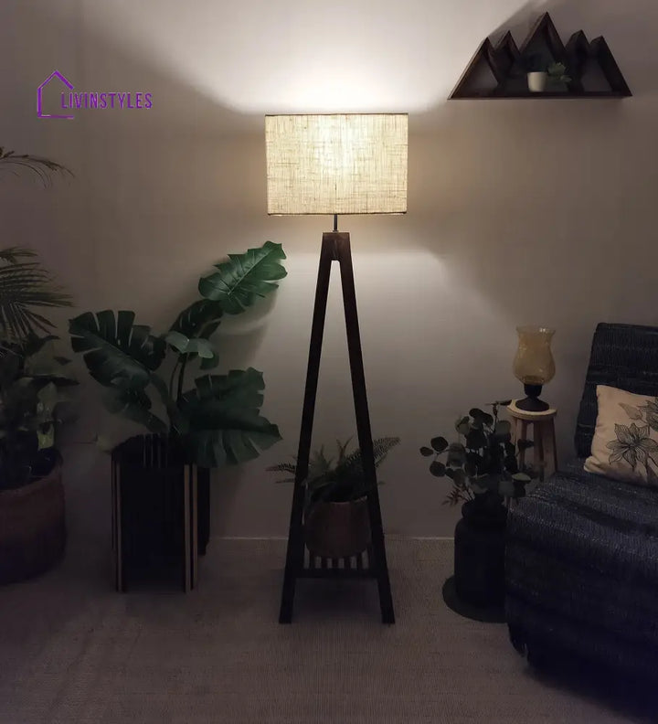 Brielle Wooden Floor Lamp With Brown Base And Beige Fabric Lampshade Lamps