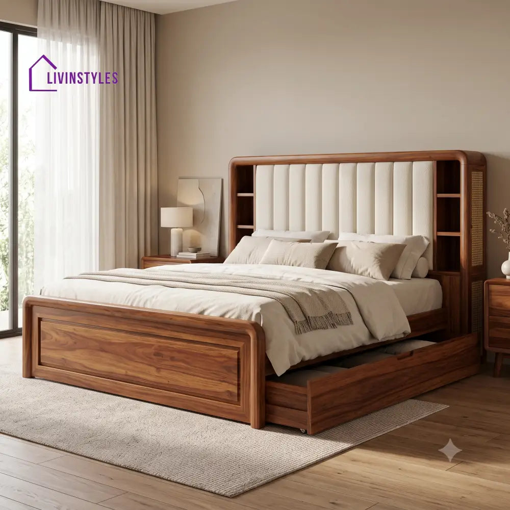 Brigitte Premium Wooden Bed with Drawer Storage | King Size Bed & Queen Size Bed Online