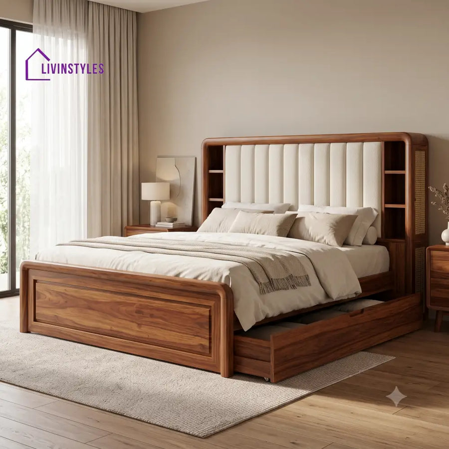 Brigitte Premium Wooden Bed with Drawer Storage | King Size Bed & Queen Size Bed Online