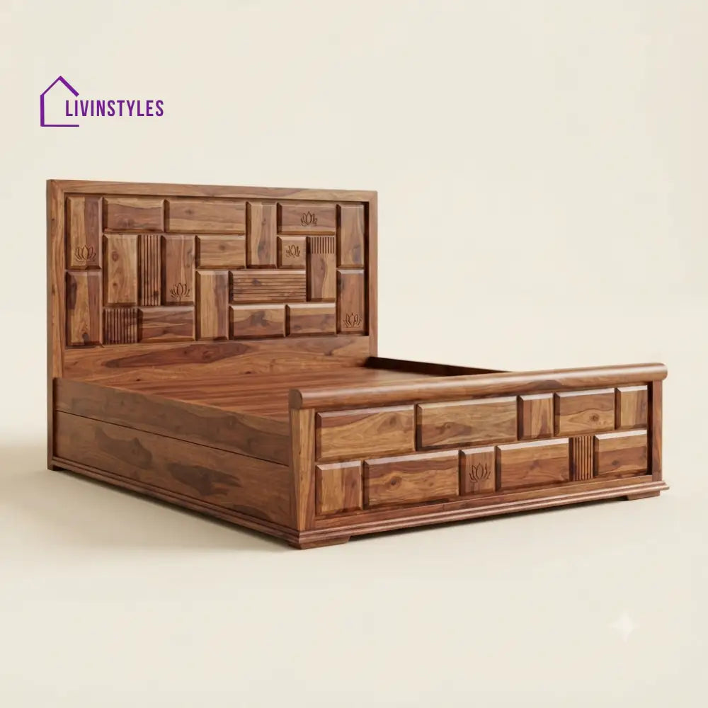 Brindha Sheesham Wood Bed With Box Storage | Wooden Bed
