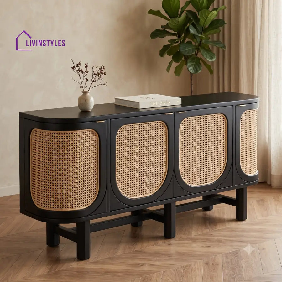 Brindha Solid Wood Sideboard and Cabinet in Black Finish