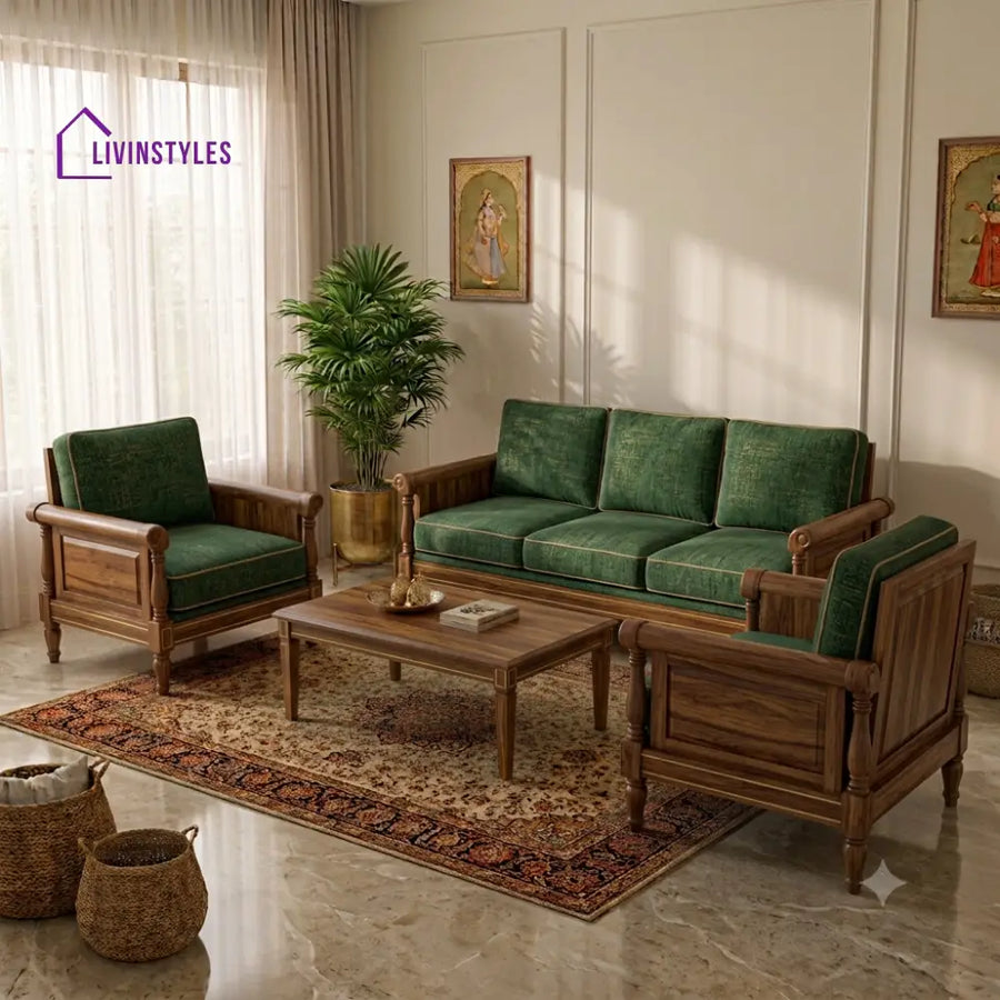 Brindha Wooden Sofa Set | 3 + 1 + 1 Sheesham Wood Sofa Set for Living Room