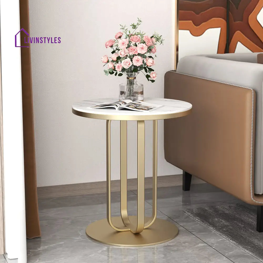 Bristol Modern Luxurious Round Marble Side Table In Gold Color