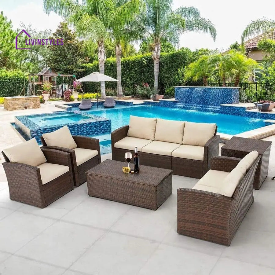 Brixton 6 Pieces Outdoor Furniture Set Patio Rattan Wicker Sectional Sofa Beige