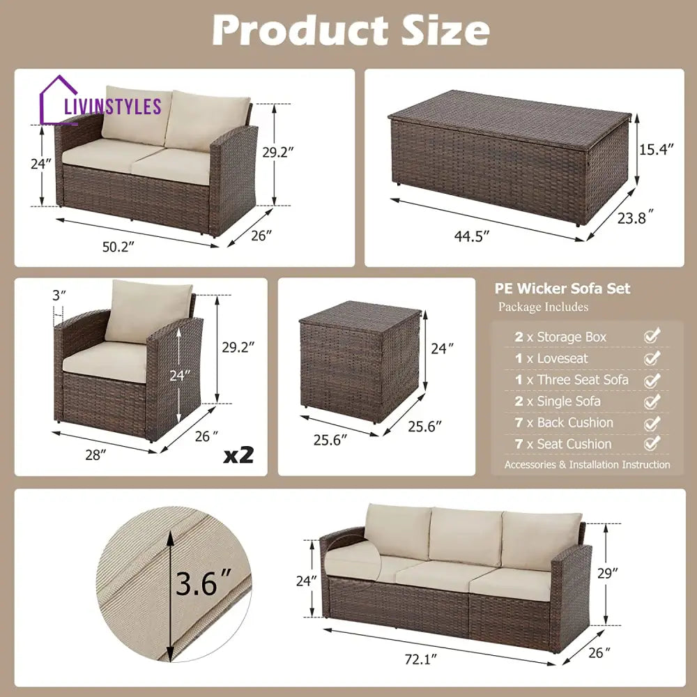 Brixton 6 Pieces Outdoor Furniture Set Patio Rattan Wicker Sectional Sofa Beige