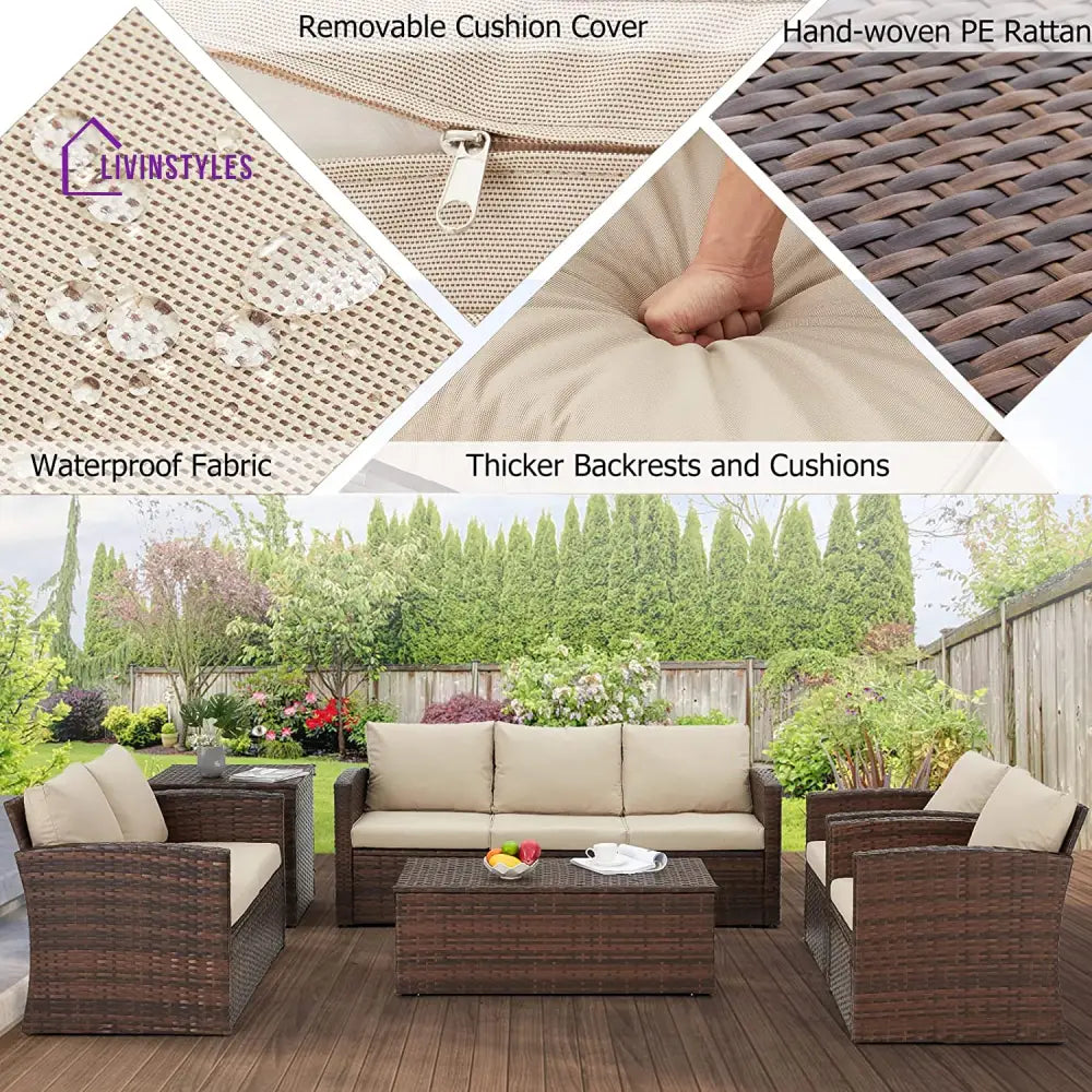 Brixton 6 Pieces Outdoor Furniture Set Patio Rattan Wicker Sectional Sofa Beige