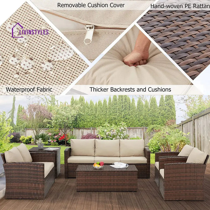 Brixton 6 Pieces Outdoor Furniture Set Patio Rattan Wicker Sectional Sofa Beige
