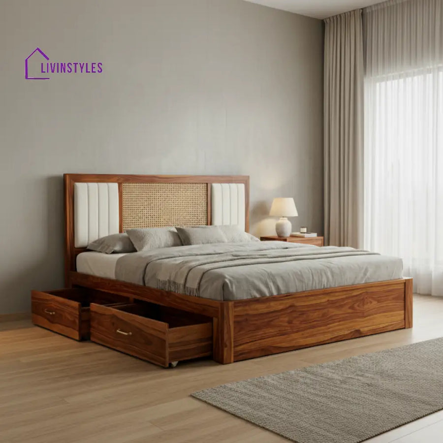 Brodie Premium Sheesham Wood Bed with Cane and Fabric Headboard