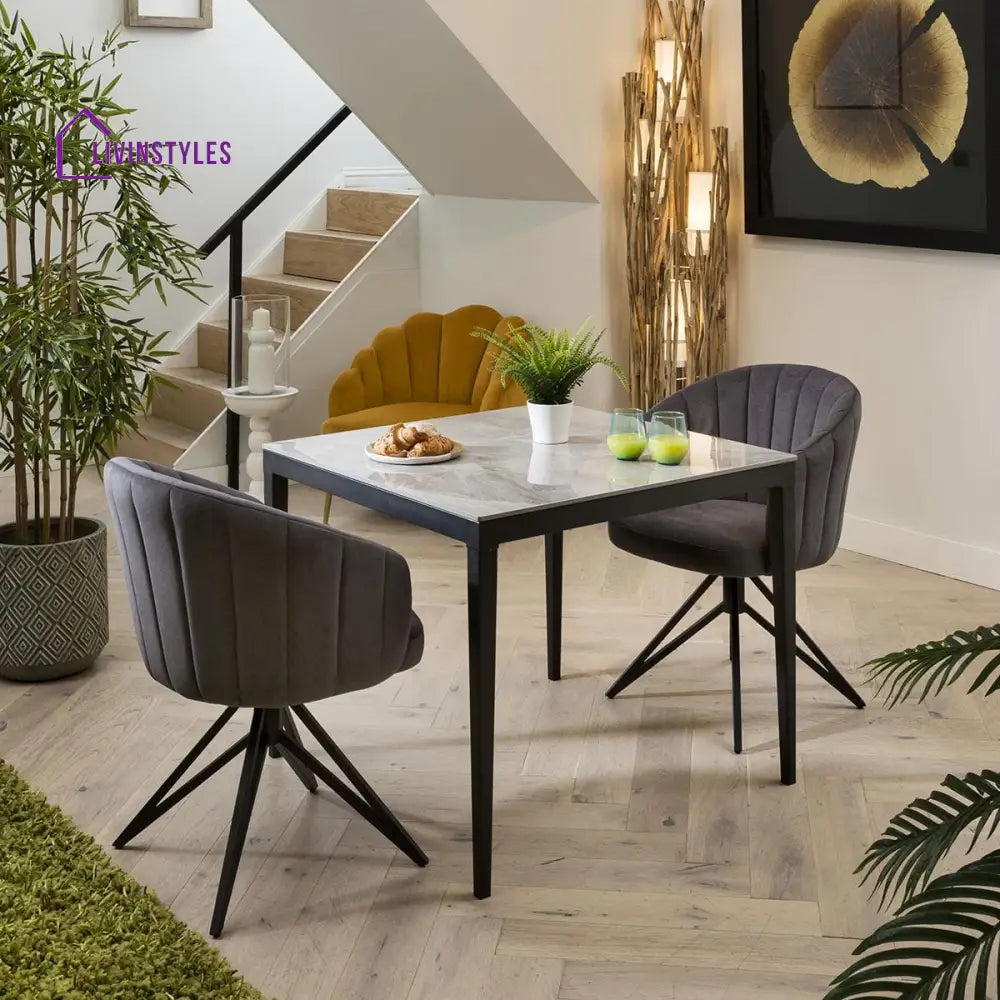 Bronislava Modern 2 Person Dining Set - Grey Ceramic Table - Swivel Dining Chairs Dining Room / Dining Sets