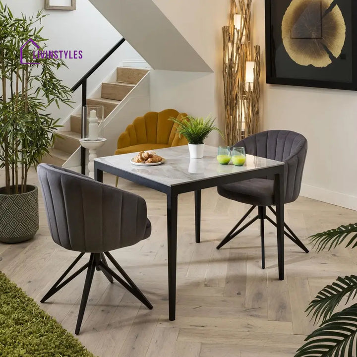 Bronislava Modern 2 Person Dining Set - Grey Ceramic Table - Swivel Dining Chairs Dining Room / Dining Sets