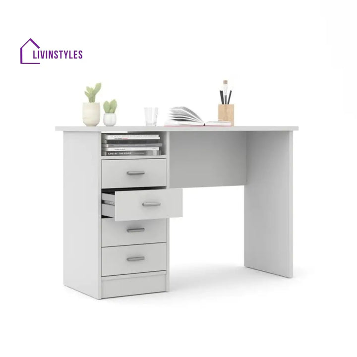 Bronislava White Study Table | 4 Drawer and One Open Shelf