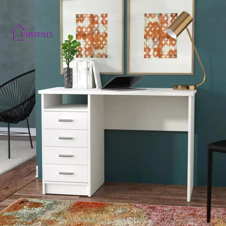 Bronislava White Study Table | 4 Drawer and One Open Shelf