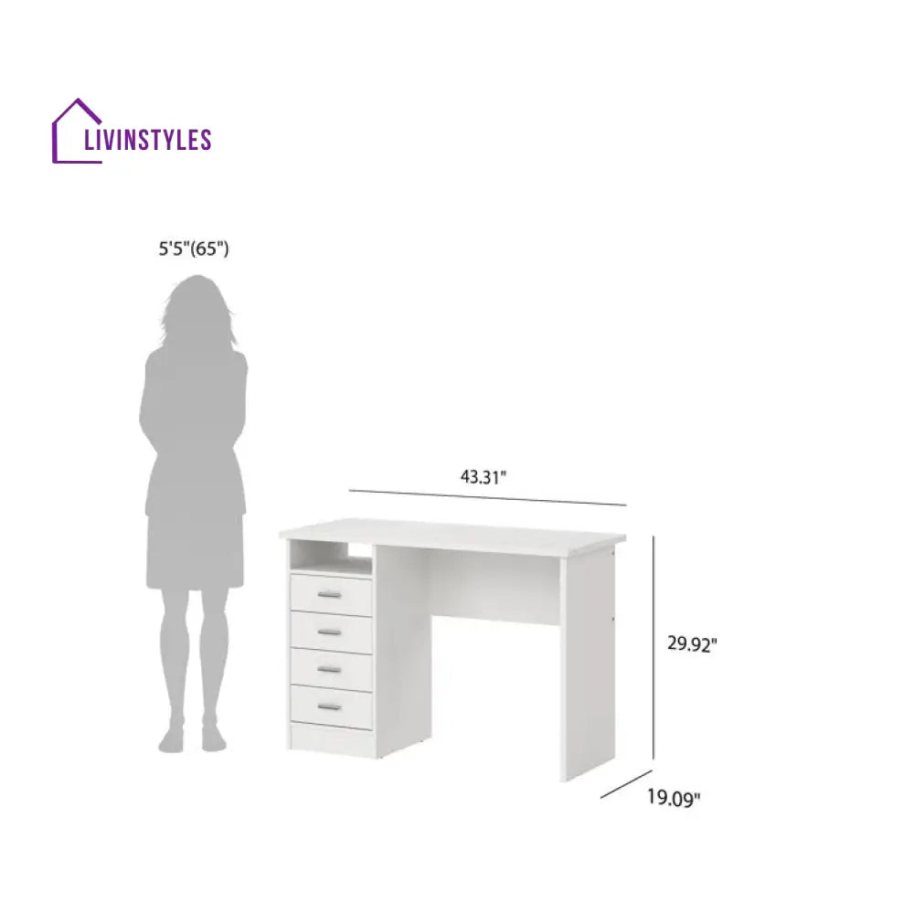 Bronislava White Study Table | 4 Drawer and One Open Shelf