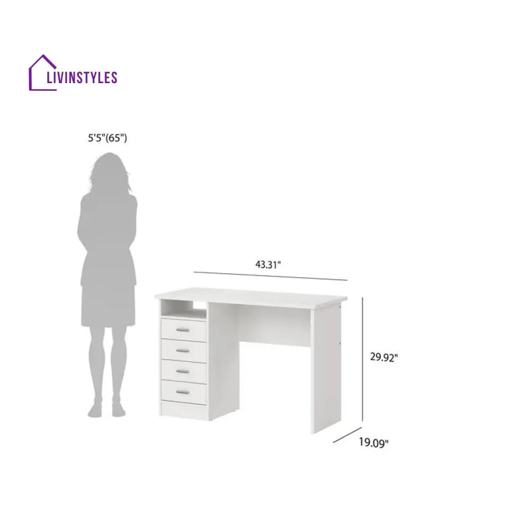 Bronislava White Study Table | 4 Drawer and One Open Shelf
