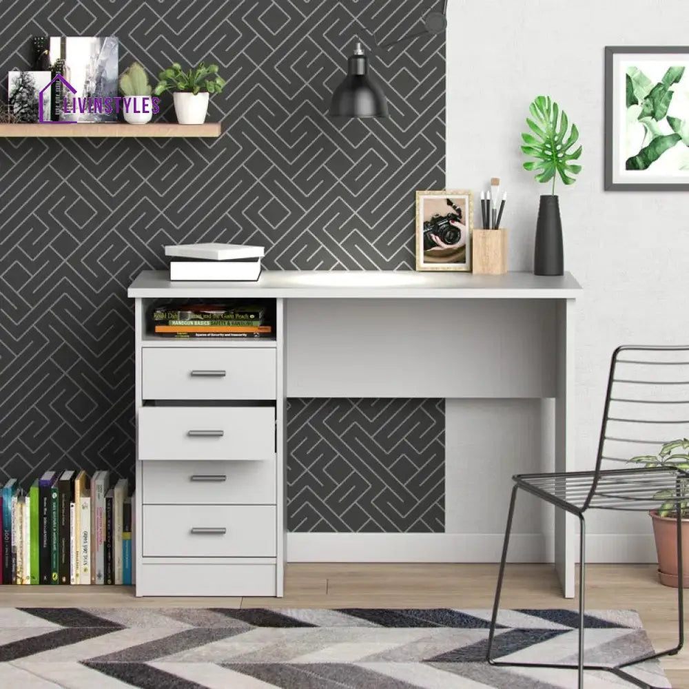 Bronislava White Study Table | 4 Drawer and One Open Shelf