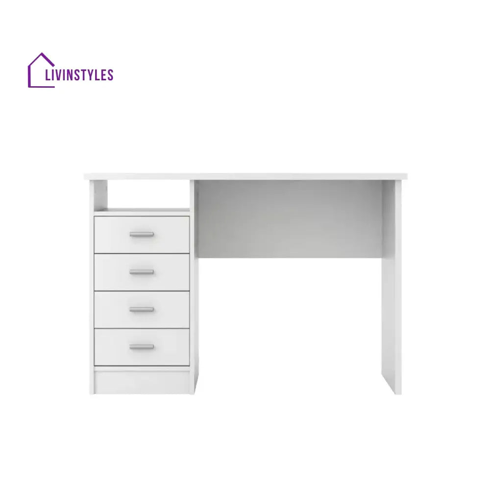 Bronislava White Study Table | 4 Drawer and One Open Shelf