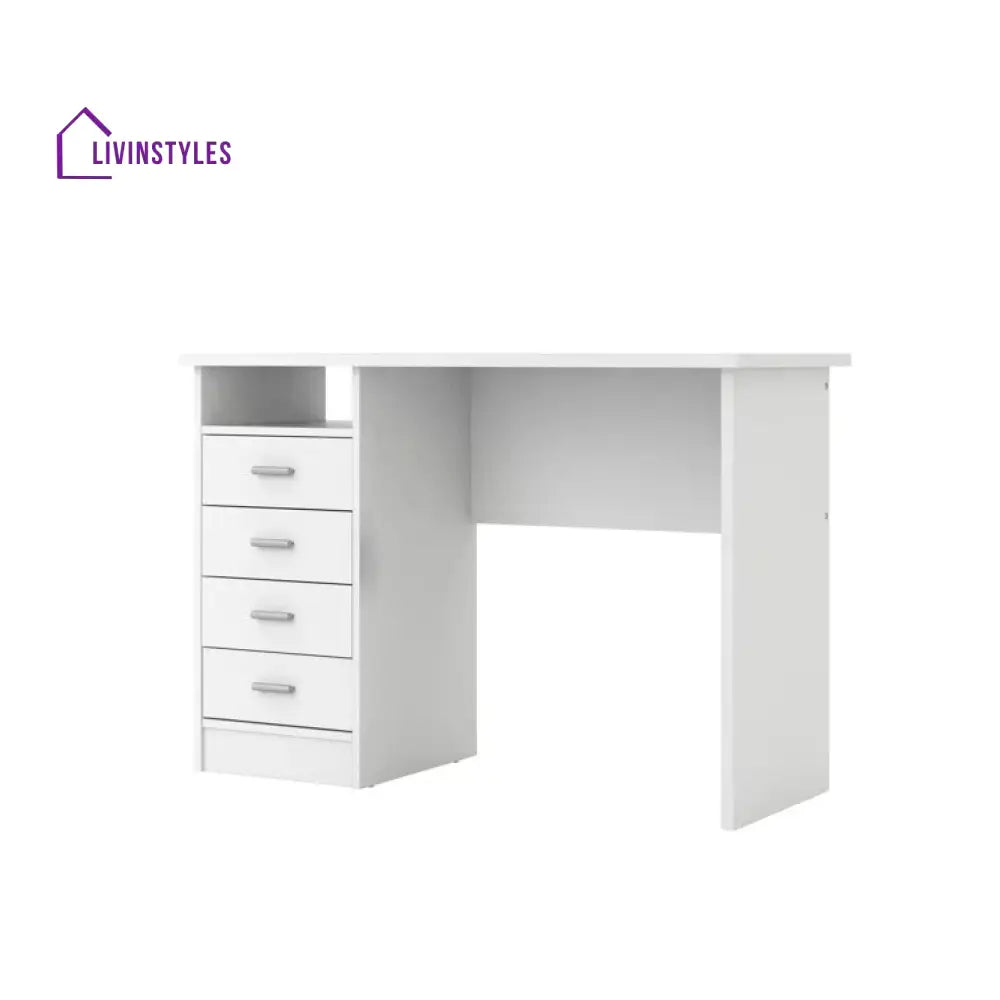 Bronislava White Study Table | 4 Drawer and One Open Shelf