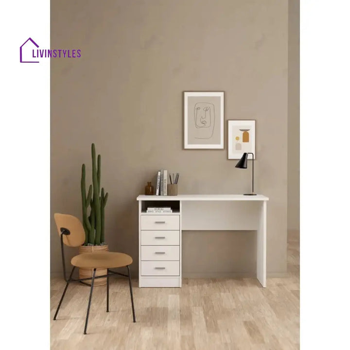 Bronislava White Study Table | 4 Drawer and One Open Shelf