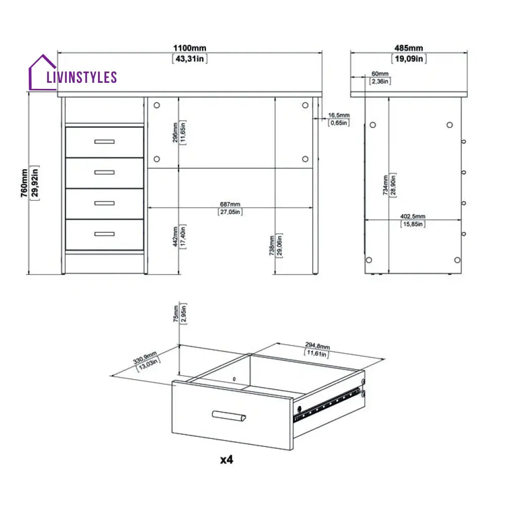 Bronislava White Study Table | 4 Drawer and One Open Shelf
