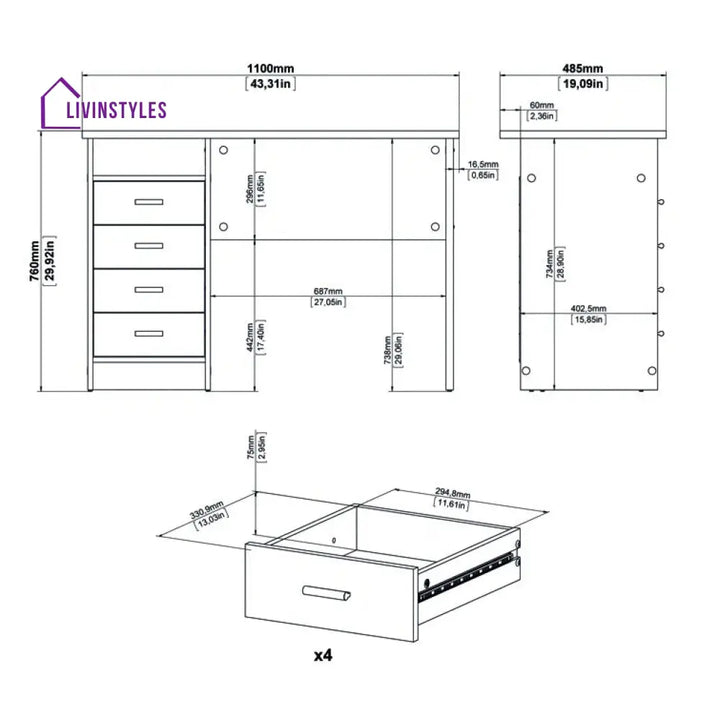 Bronislava White Study Table | 4 Drawer and One Open Shelf