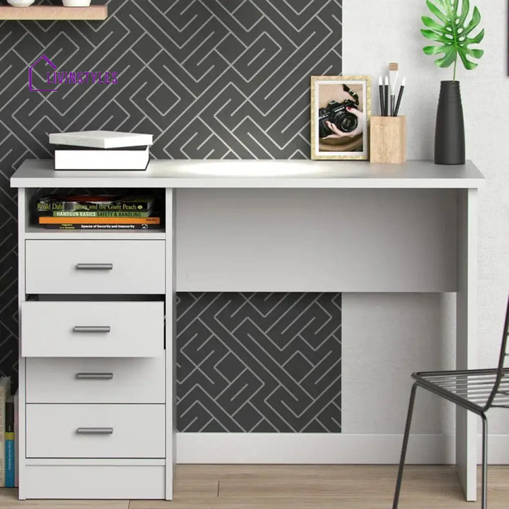 Bronislava White Study Table | 4 Drawer and One Open Shelf