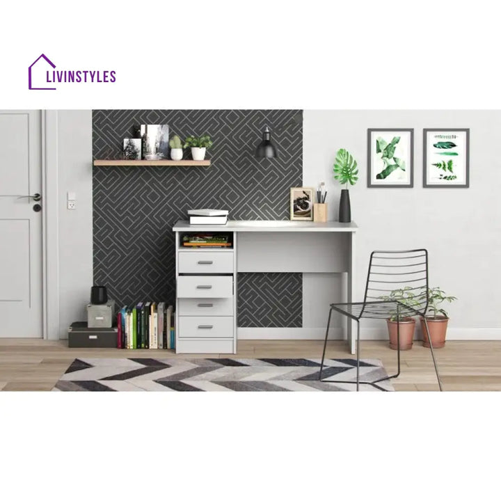 Bronislava White Study Table | 4 Drawer and One Open Shelf