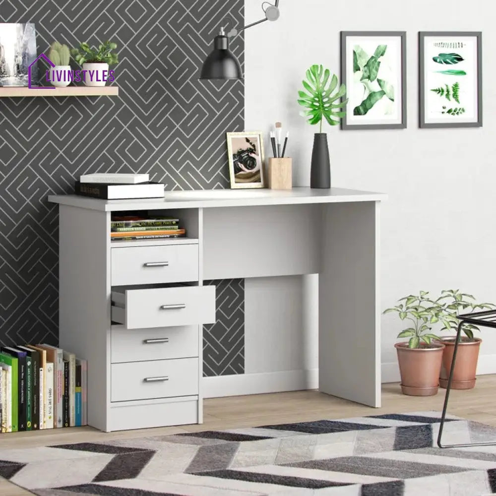 Bronislava White Study Table | 4 Drawer and One Open Shelf