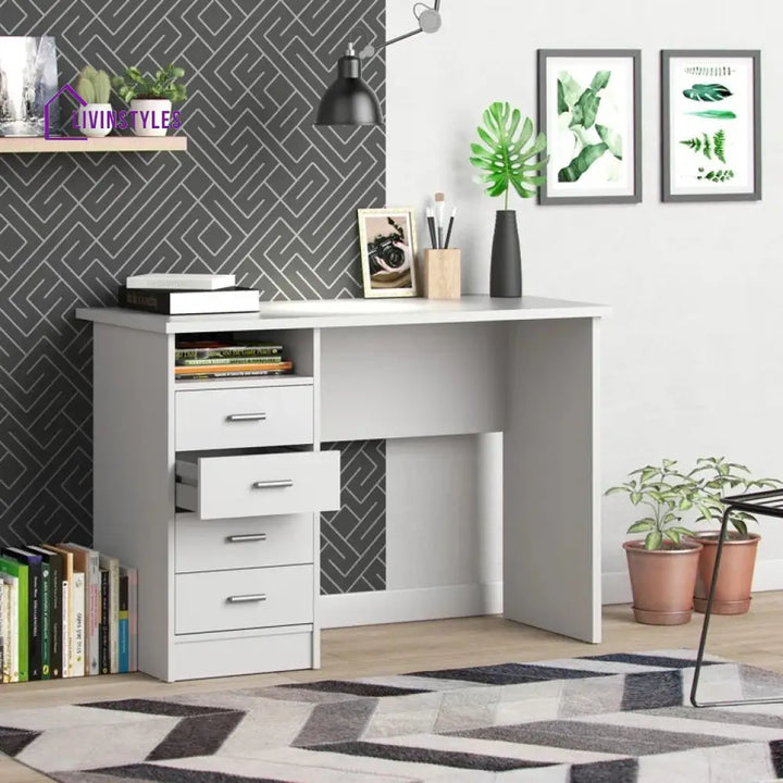 Bronislava White Study Table | 4 Drawer and One Open Shelf