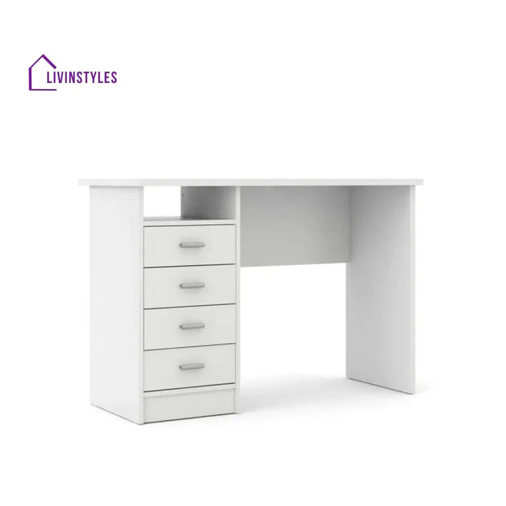 Bronislava White Study Table | 4 Drawer and One Open Shelf