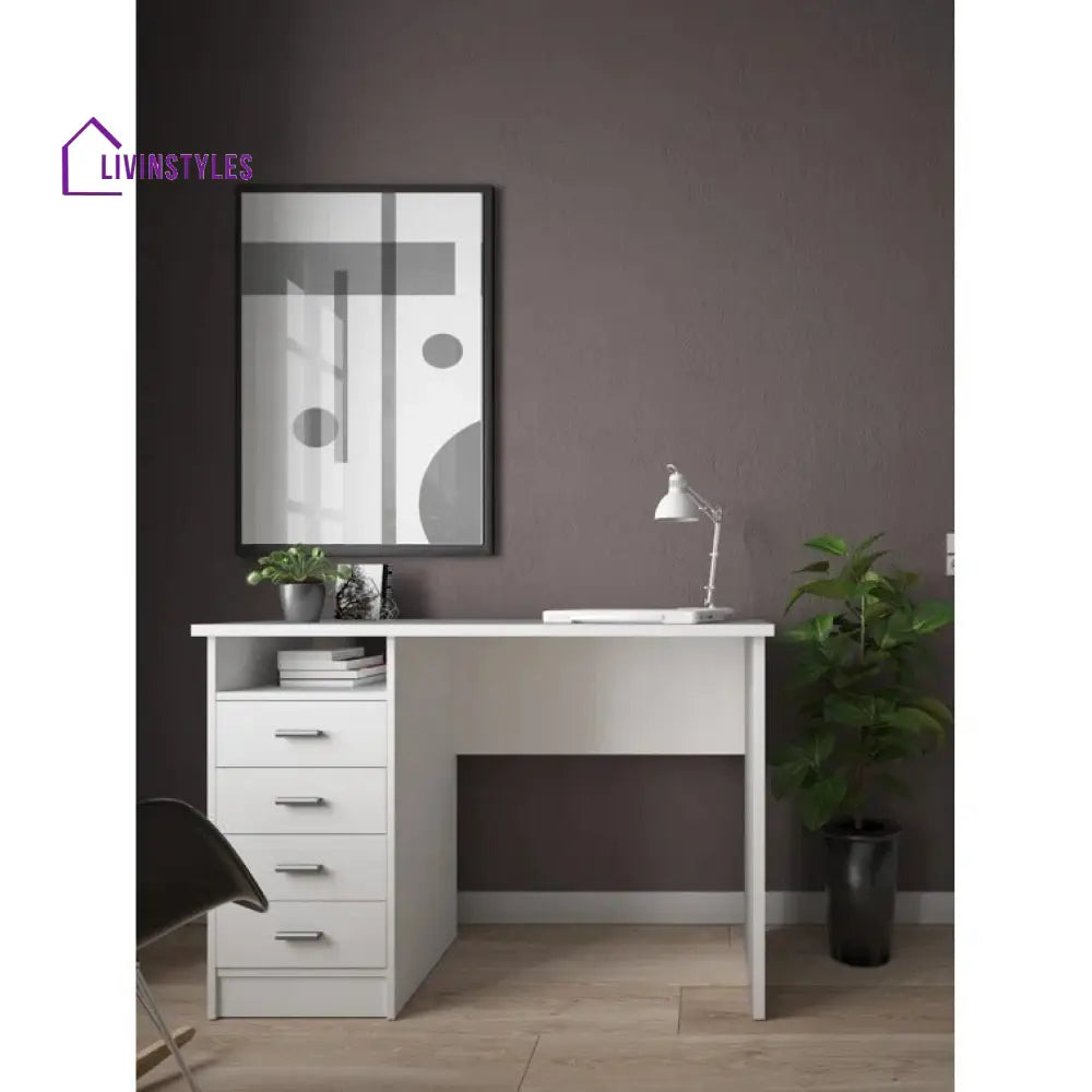 Bronislava White Study Table | 4 Drawer and One Open Shelf