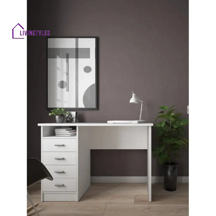Bronislava White Study Table | 4 Drawer and One Open Shelf