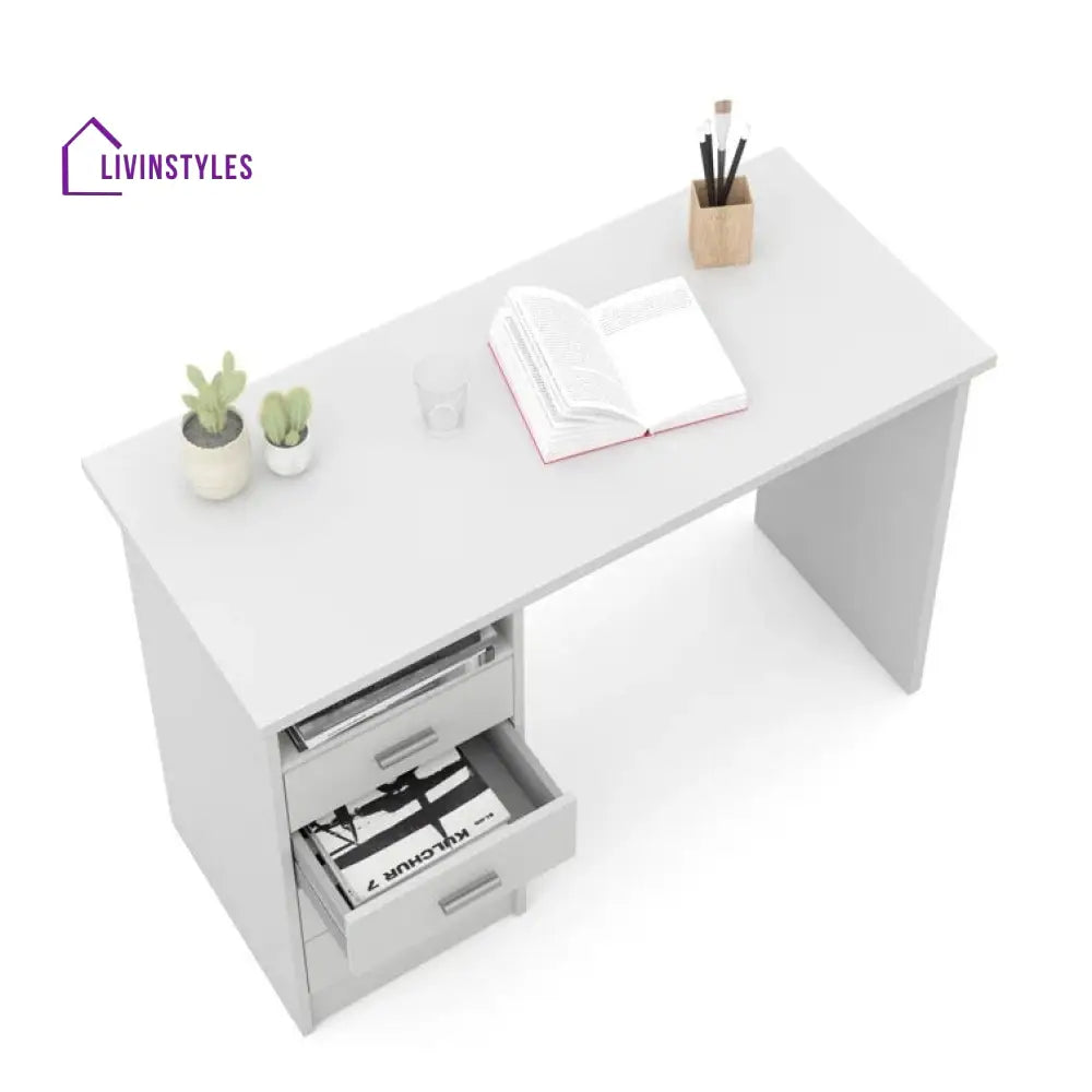 Bronislava White Study Table | 4 Drawer and One Open Shelf