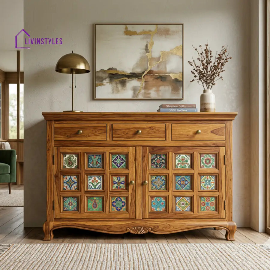 Brooke Boho Sheesham Wood Storage Cabinet Sideboard With Three Drawers (Honey Finish)