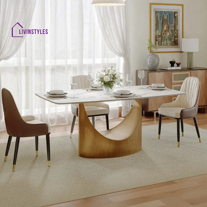 Brooklyn Stainless Steel Dining Table Set with Marble Top | 6 Seater Dining Table Set