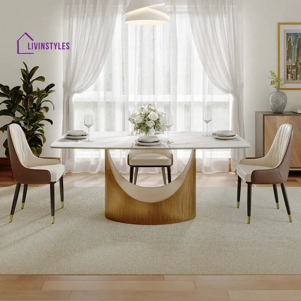 Brooklyn Stainless Steel Dining Table Set with Marble Top | 6 Seater Dining Table Set