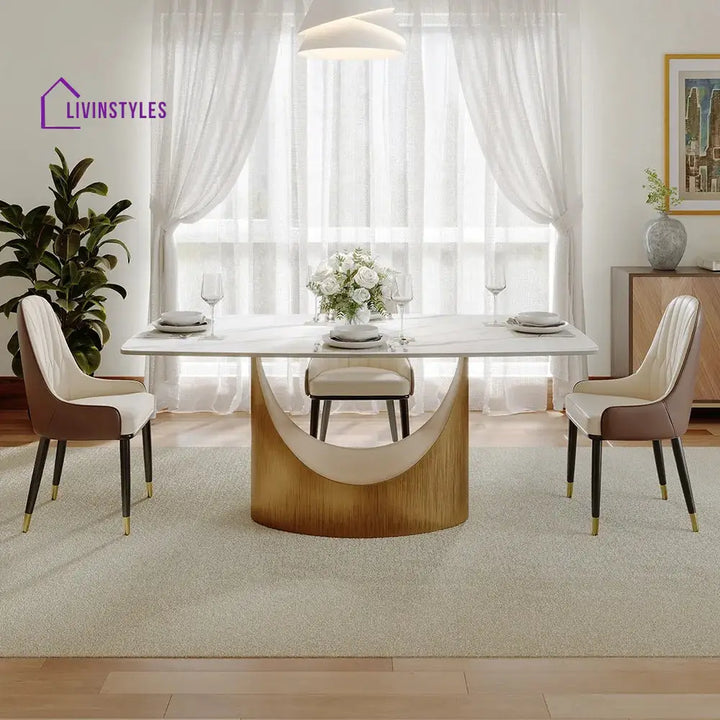 Brooklyn Stainless Steel Dining Table Set with Marble Top | 6 Seater Dining Table Set