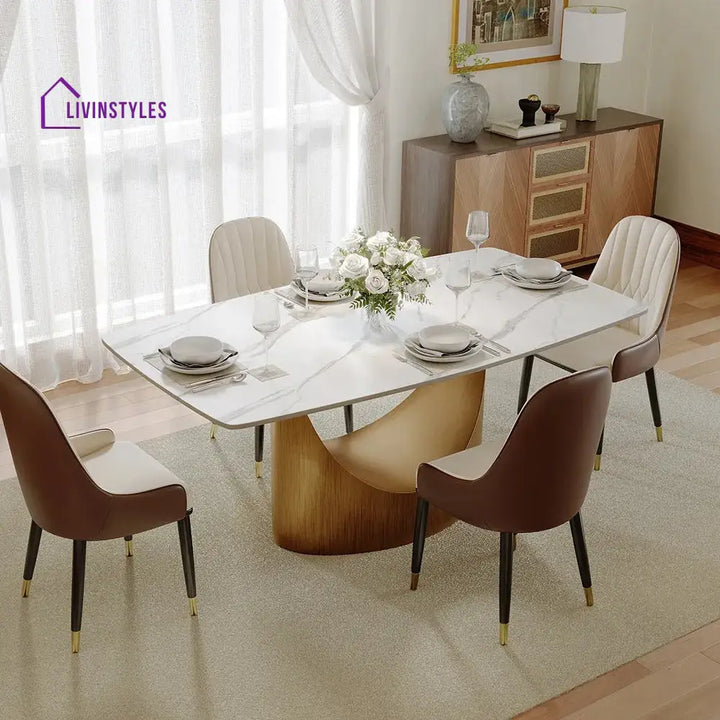 Brooklyn Stainless Steel Dining Table Set with Marble Top | 6 Seater Dining Table Set