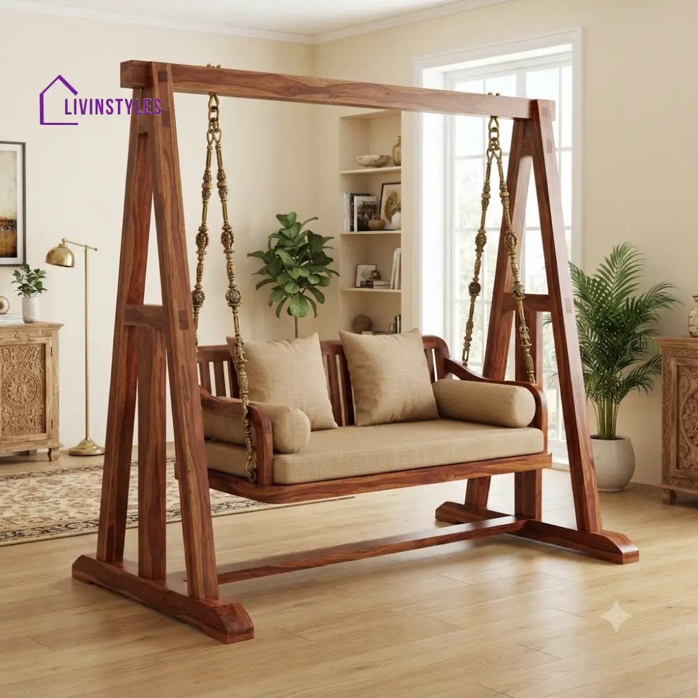 Bruno 2 Seater Wooden Swing for Home | Wooden Jhula for home