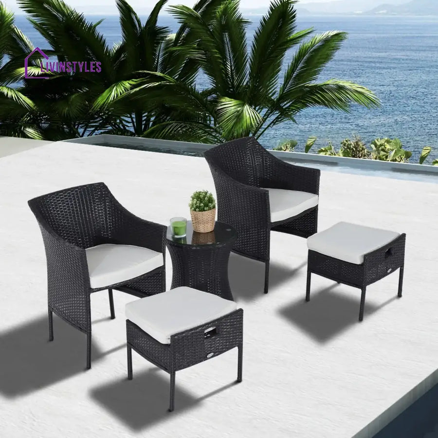 Bukka Outdoor Patio Seating Set 2 Chairs 2 Ottoman and Table Set (Black) - Coffee Table Sets