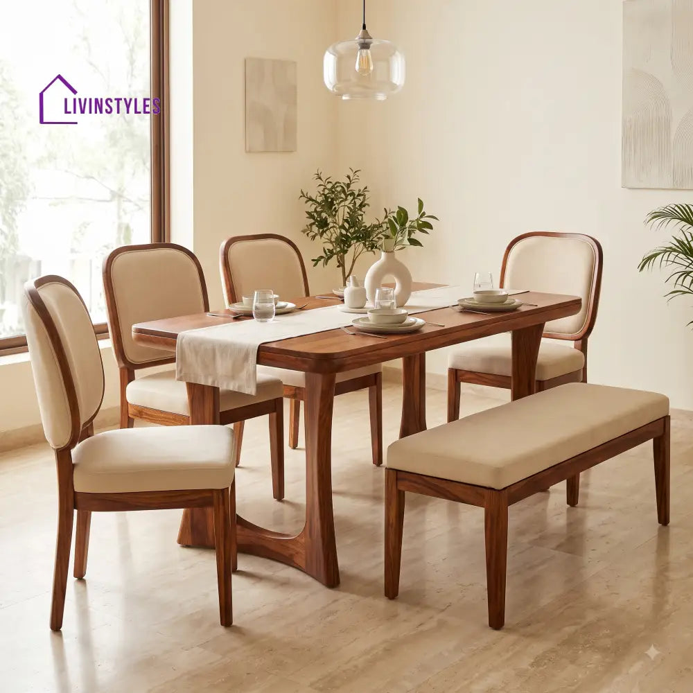 Bukola Wooden 6 Seater Dining Table Set | 4 Chairs and 1 Bench | Table 72 X 36 X 30 Inch