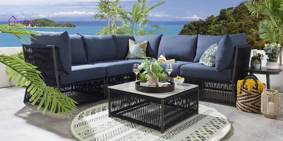Bustillo Outdoor Sofa Set 5 Seater and 1 Center Table Set (Blue) Braided & Rope - Sofa Sets