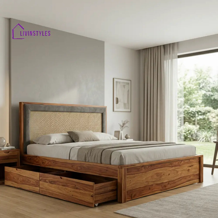 Byron Premium Sheesham Wood Bed with Cane and Fabric Headboard
