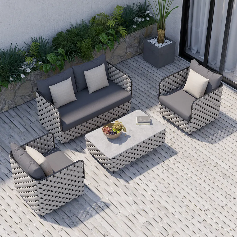 Fepel Outdoor Garden Balcony Sofa Set 2 Seater, 2 Single seater and 1 Center Table Set, Braid & Rope (Grey)