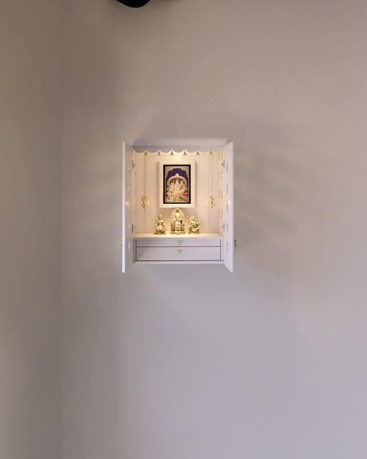 Elena - Traditional Pooja Mandir for Home with Doors, Brass Bells & Lamps | Handcrafted Wooden Home Temple
