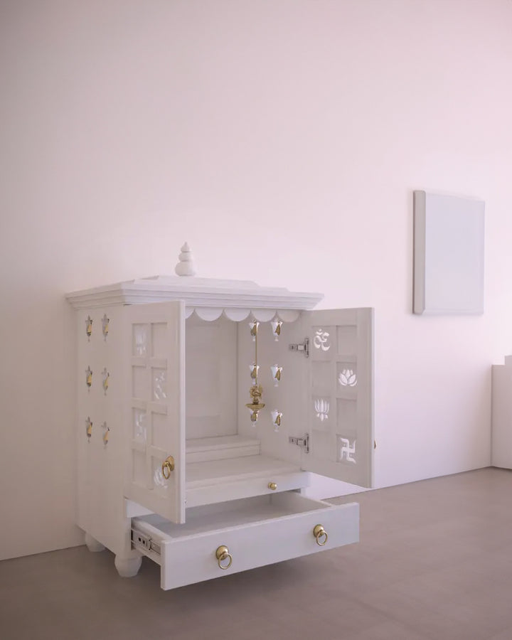 Tatiana Compact White Solid Wood Pooja Mandir for Home | Handcrafted Home Temple with Tray