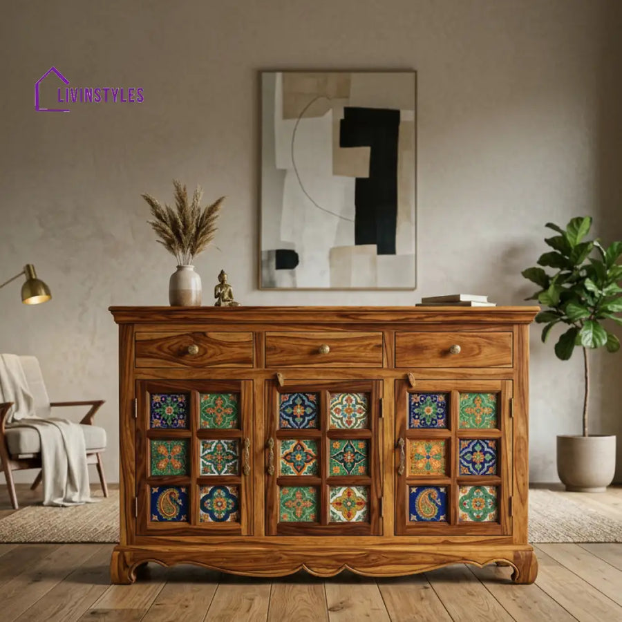 Caitlin Boho Sheesham Wood Storage Cabinet Sideboard With Three Drawers (Honey Finish)