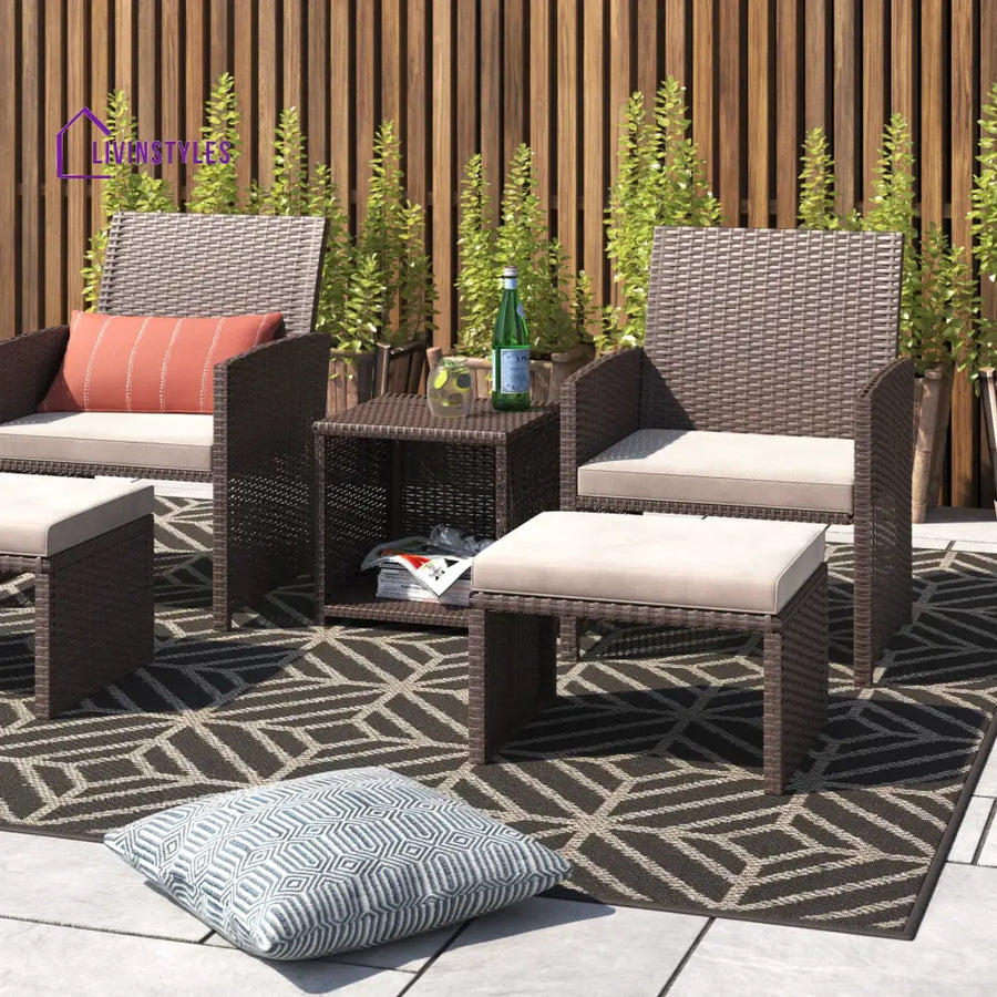 Calabresi Outdoor Sofa Set 2 Single seater 2 Ottoman and 1 Center Table (Brown + Beige) - Outdoor Furniture Sets