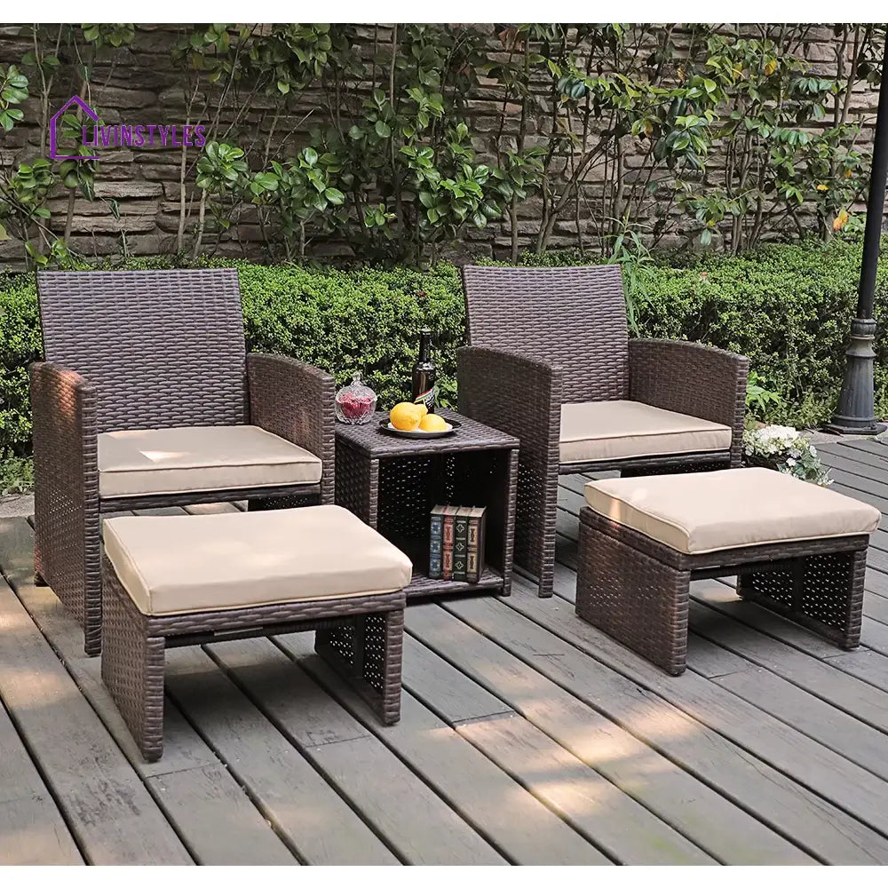 Calabresi Outdoor Sofa Set 2 Single seater 2 Ottoman and 1 Center Table (Brown + Beige) - Outdoor Furniture Sets