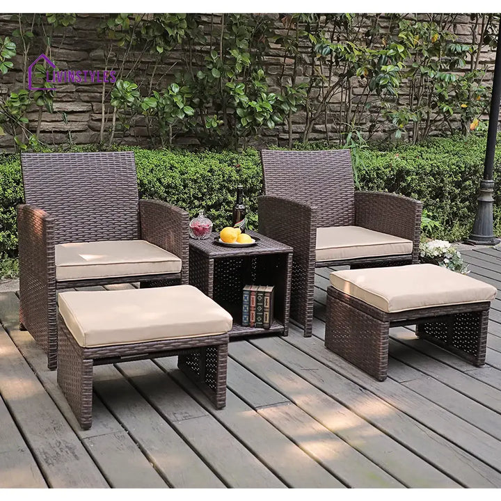 Calabresi Outdoor Sofa Set 2 Single seater 2 Ottoman and 1 Center Table (Brown + Beige) - Outdoor Furniture Sets