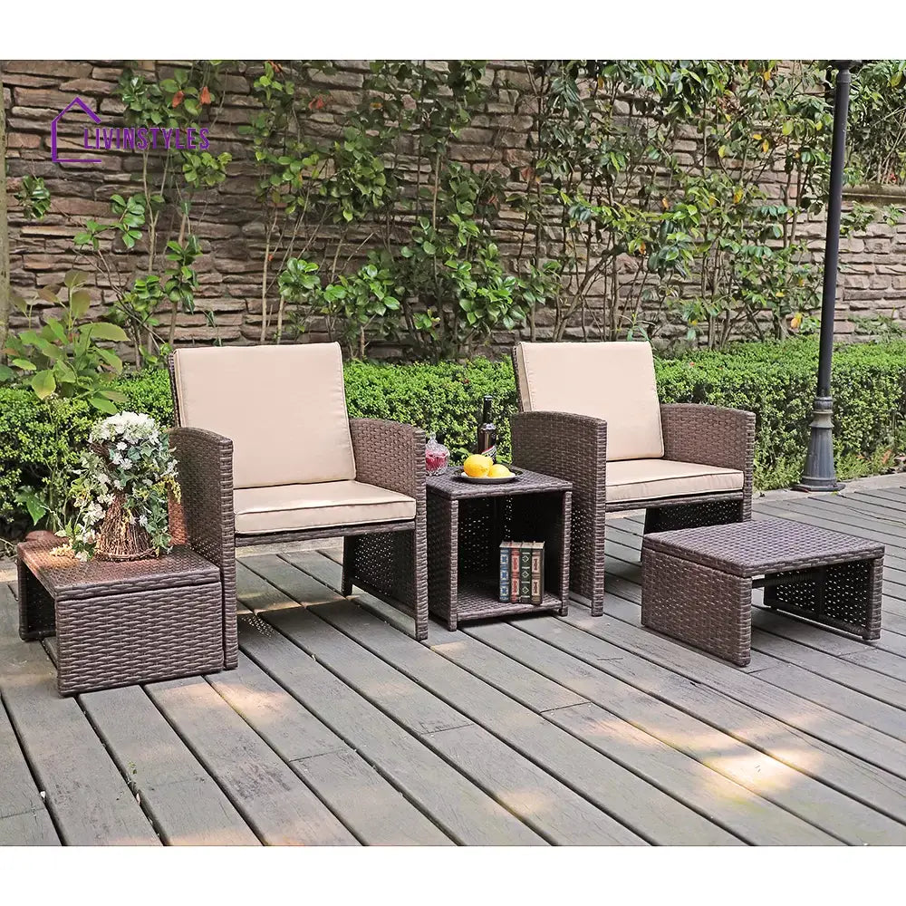 Calabresi Outdoor Sofa Set 2 Single seater 2 Ottoman and 1 Center Table (Brown + Beige) - Outdoor Furniture Sets